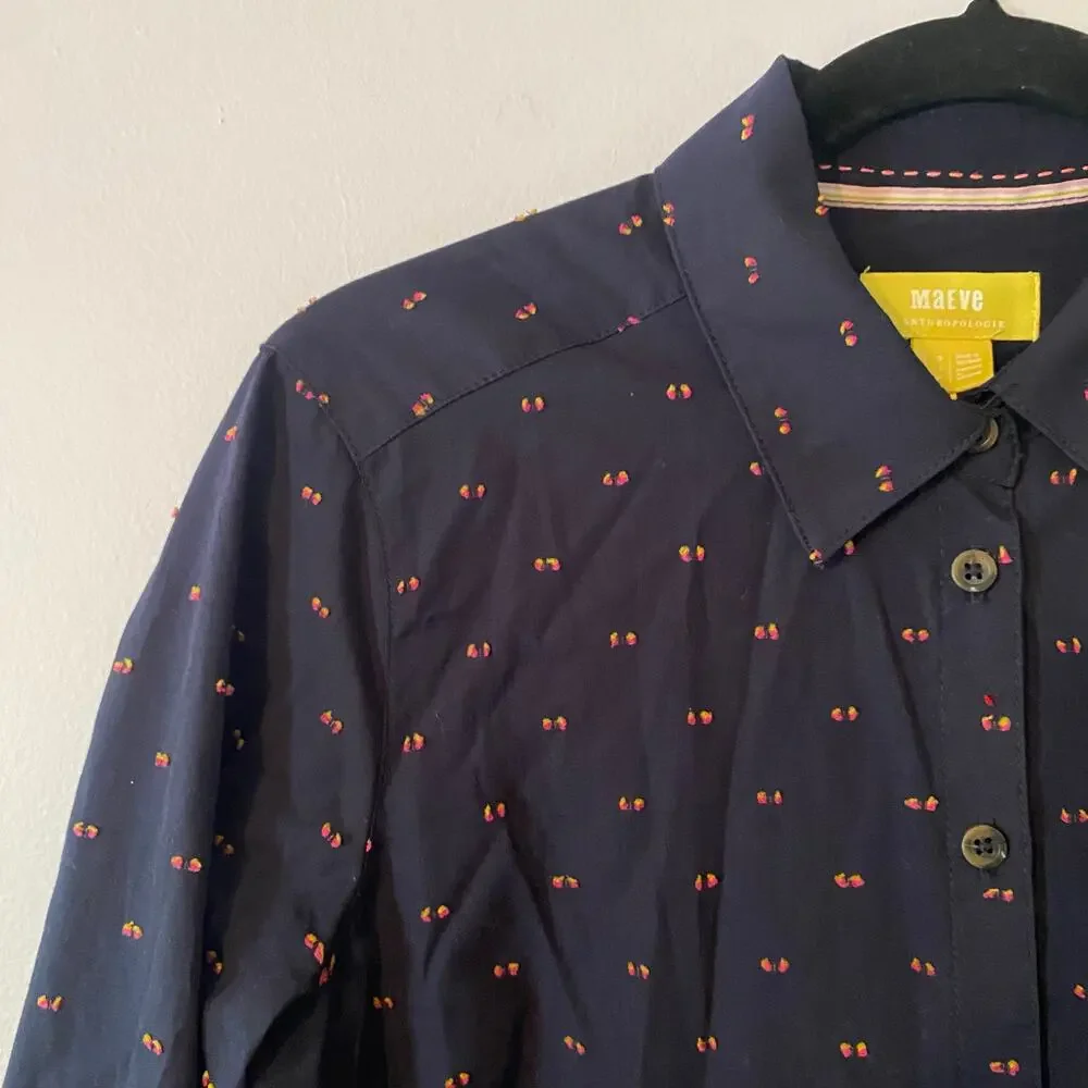 Maeve Anthropologie Navy Blue Polka Dot Button Down Shirt Preppy Women's size 4 - Picture 3 of 12